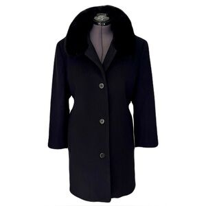 Vintage Forecaster Black 100% Wool Walker Coat with Fox Fur Collar Trim, Size 16